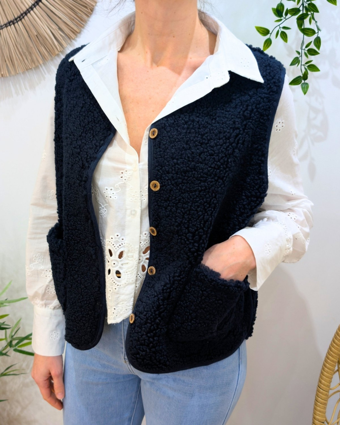 Gilet femme sans manche bouclettes bleu marine Candice