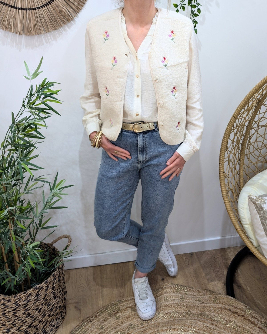 Gilet femme sans manche bouclettes beige fleurs brodées multicolores