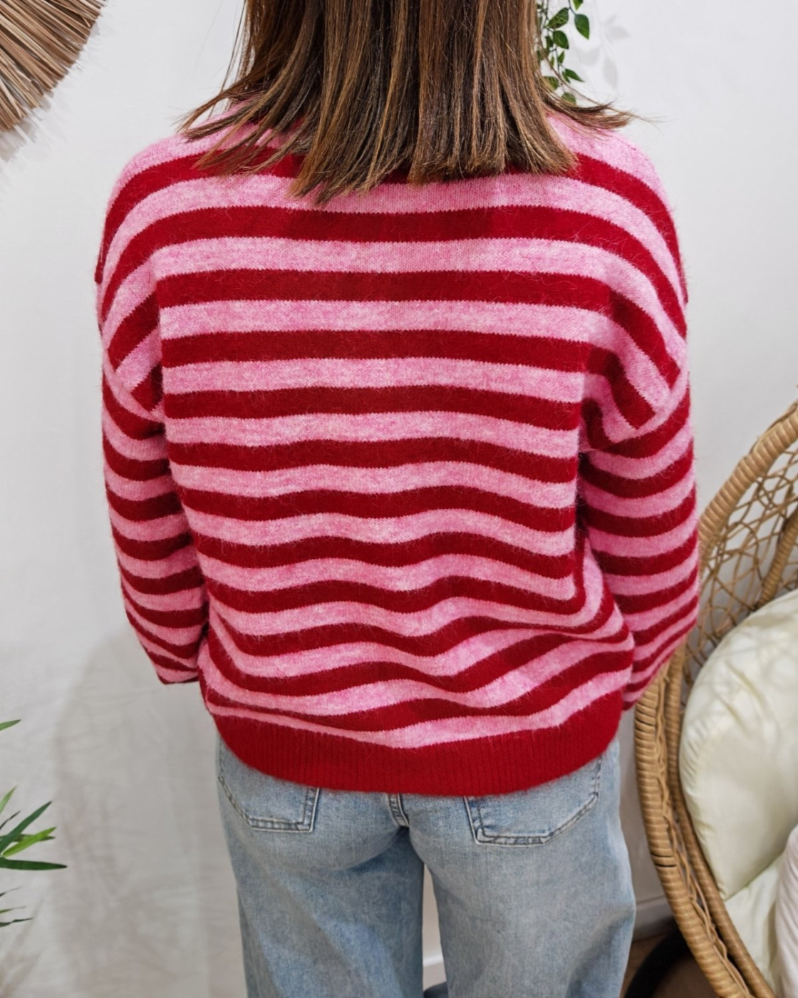 Gilet femme boutonné rayé rose et rouge