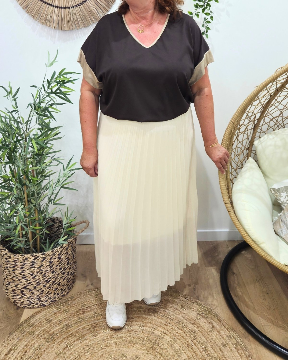 Jupe longue plissée femme grande taille élastique doré pailleté