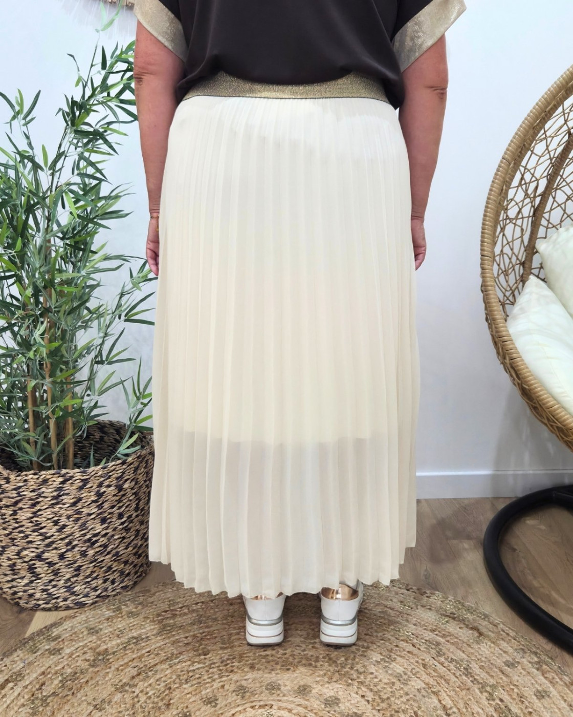 Jupe longue plissée femme grande taille élastique doré pailleté