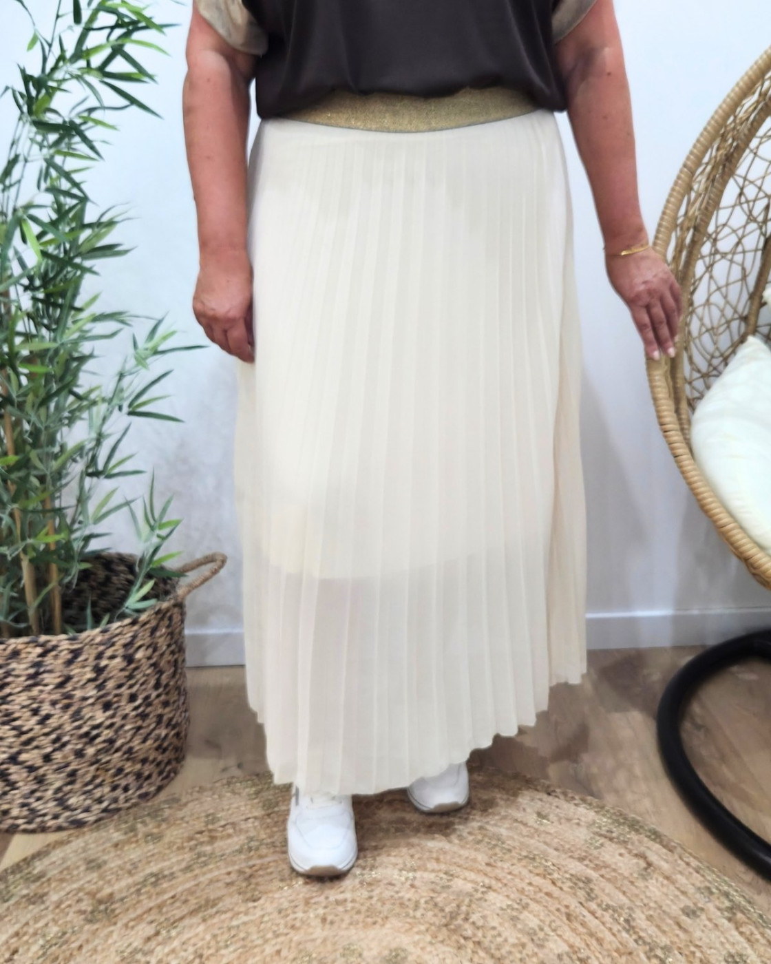 Jupe longue plissée femme grande taille élastique doré pailleté