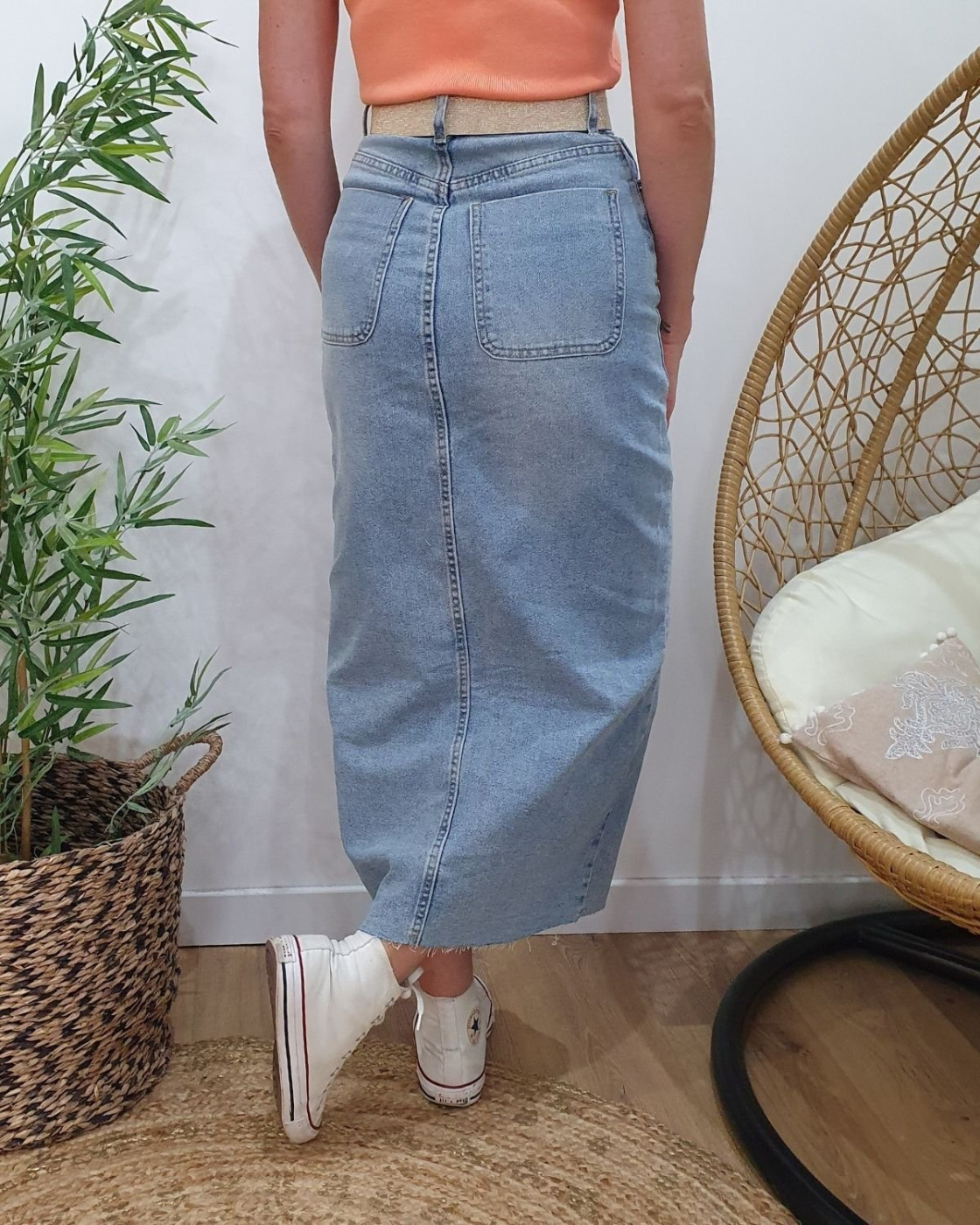 Jupe longue en jean femme bleu clair boutonnée
