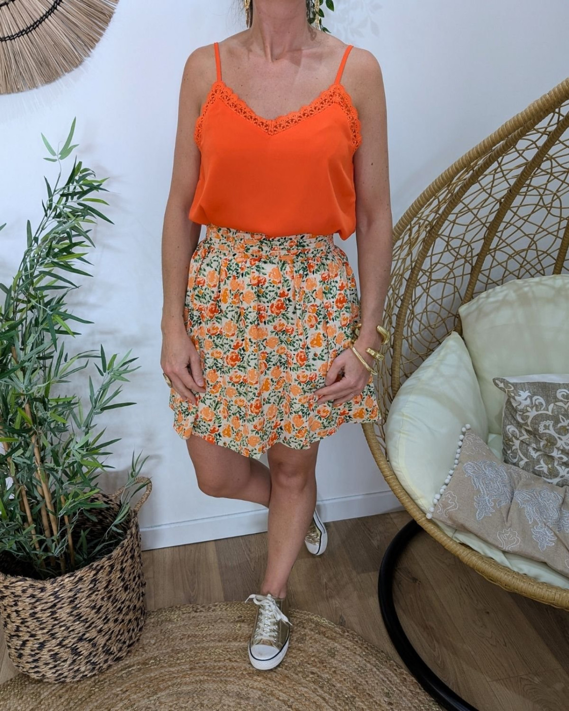 Jupe plissée courte orange et vert