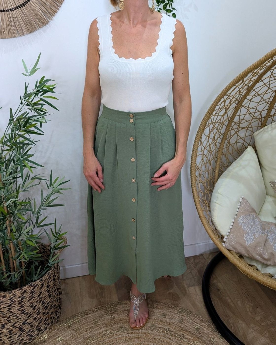 Jupe longue femme fluide boutonnée kaki