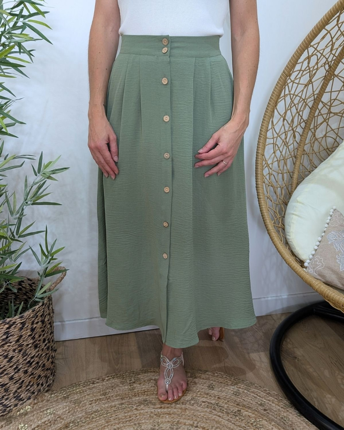 Jupe longue femme fluide boutonnée kaki