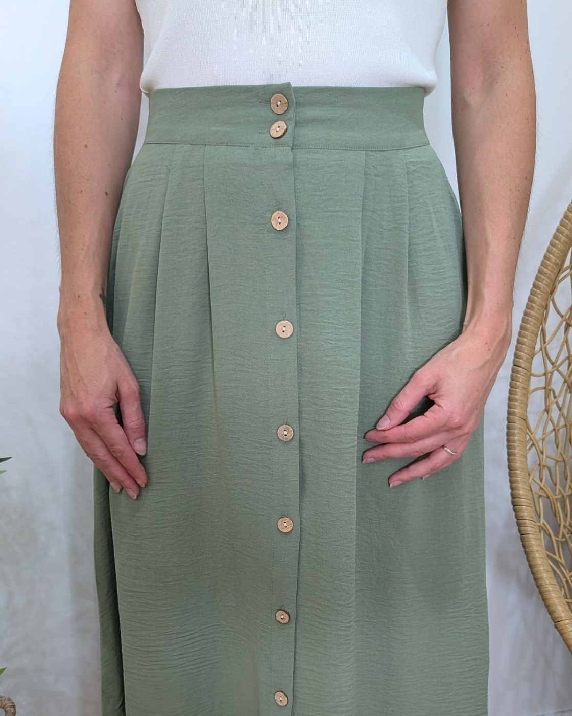 Jupe longue femme fluide boutonnée kaki