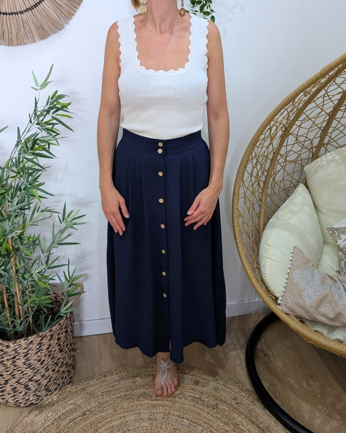 Jupe longue femme fluide boutonnée marine