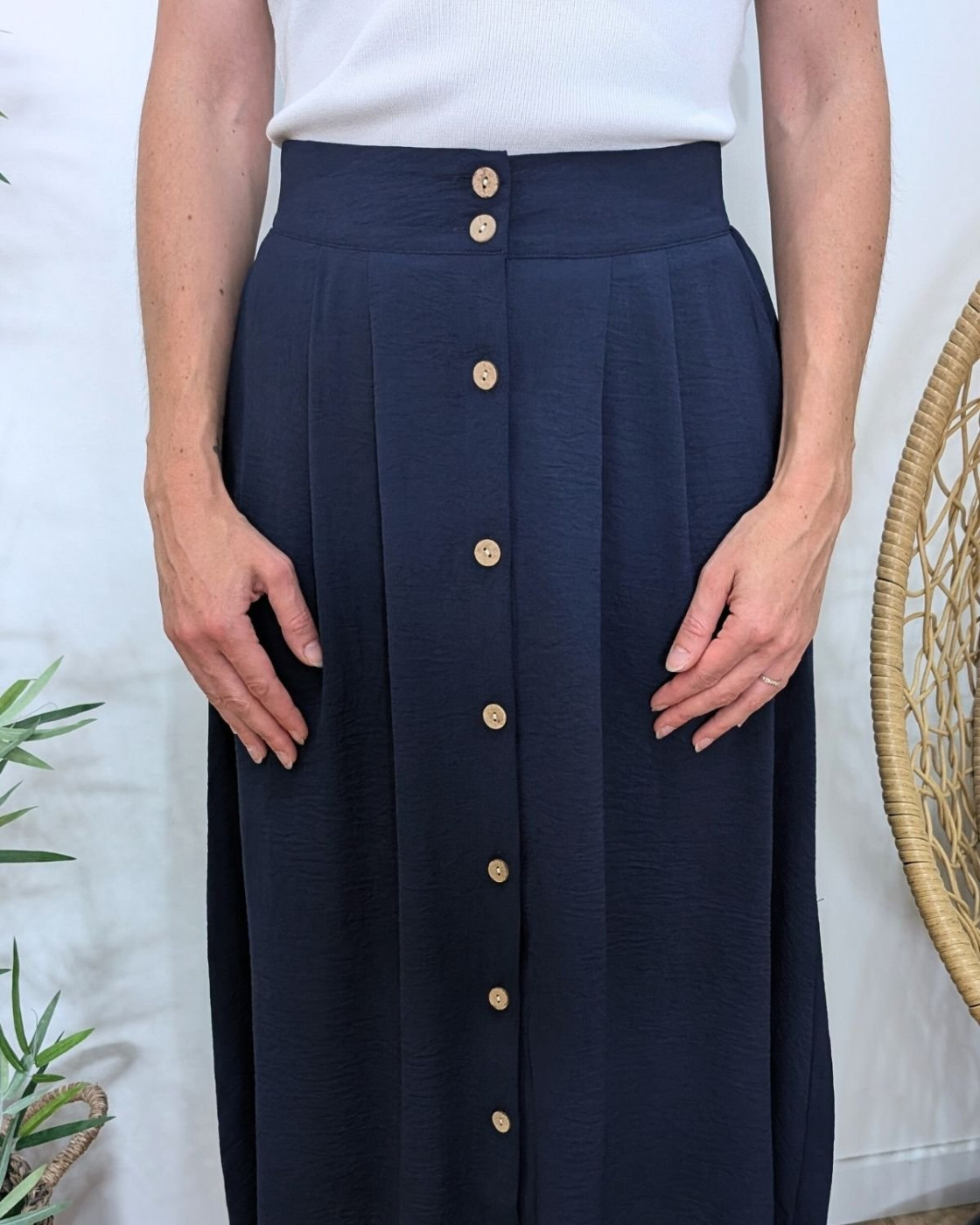 Jupe longue femme fluide boutonnée marine