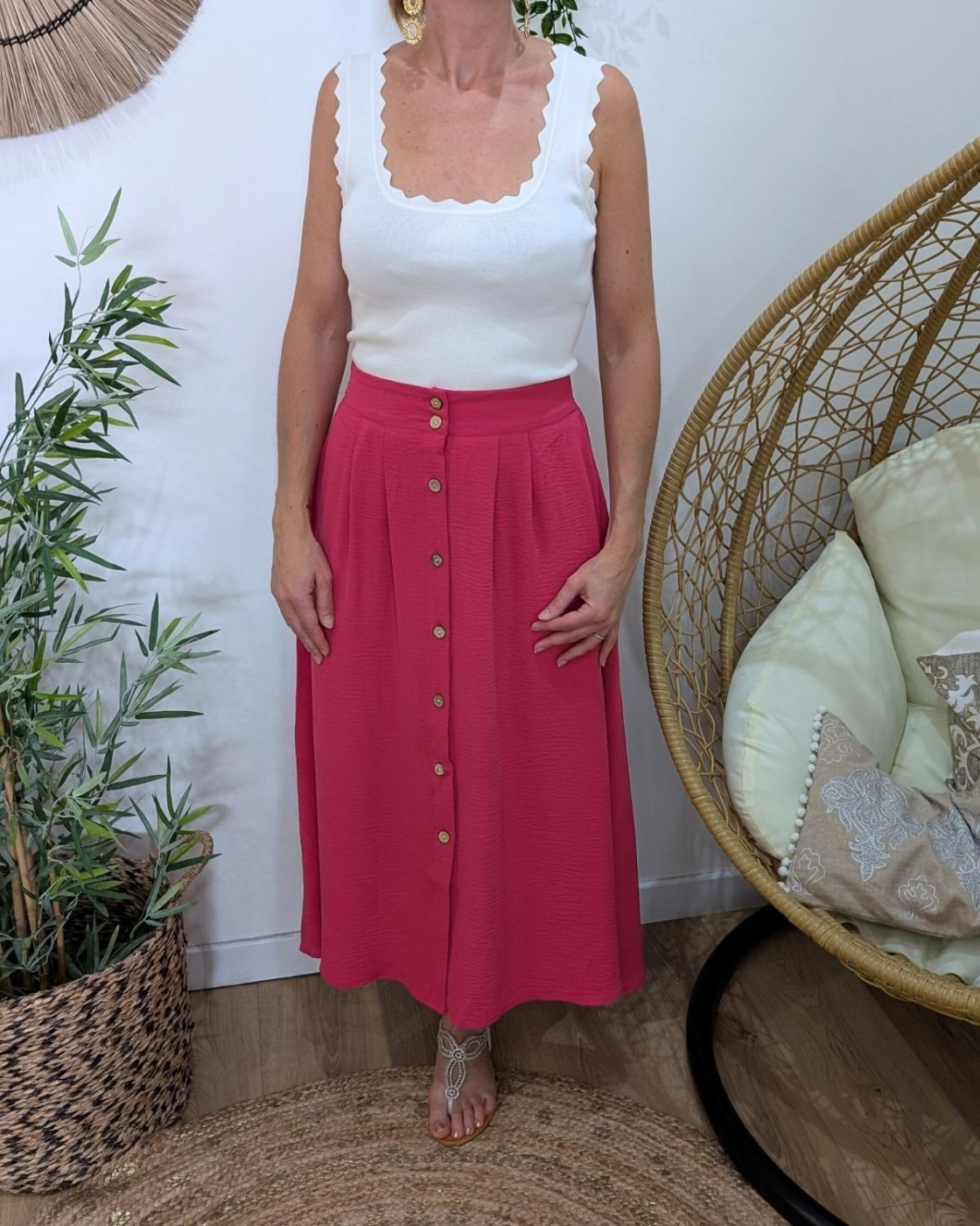 Jupe longue femme fluide boutonnée rose