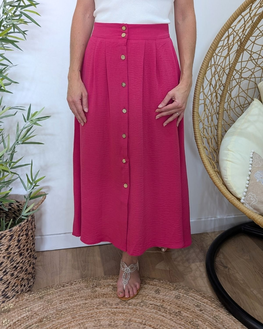 Jupe longue femme fluide boutonnée rose