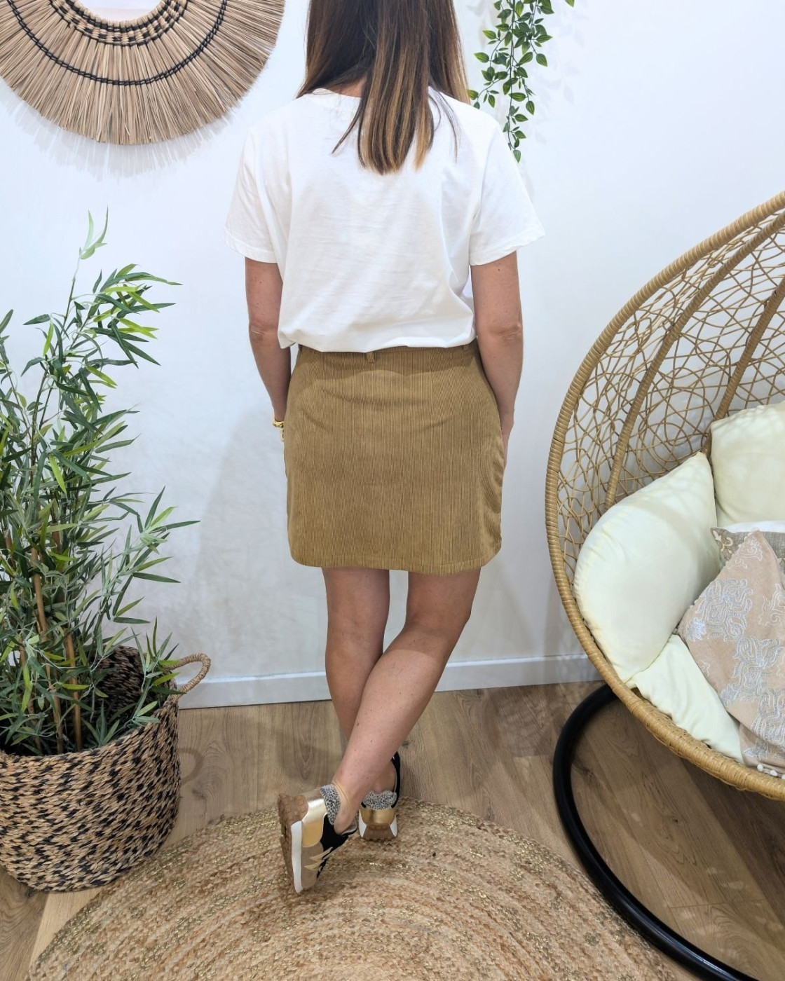 Jupe courte femme velours cotelé camel boutons dorés