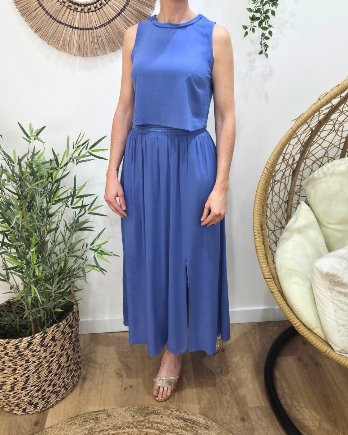 Jupe longue femme fluide unie bleu