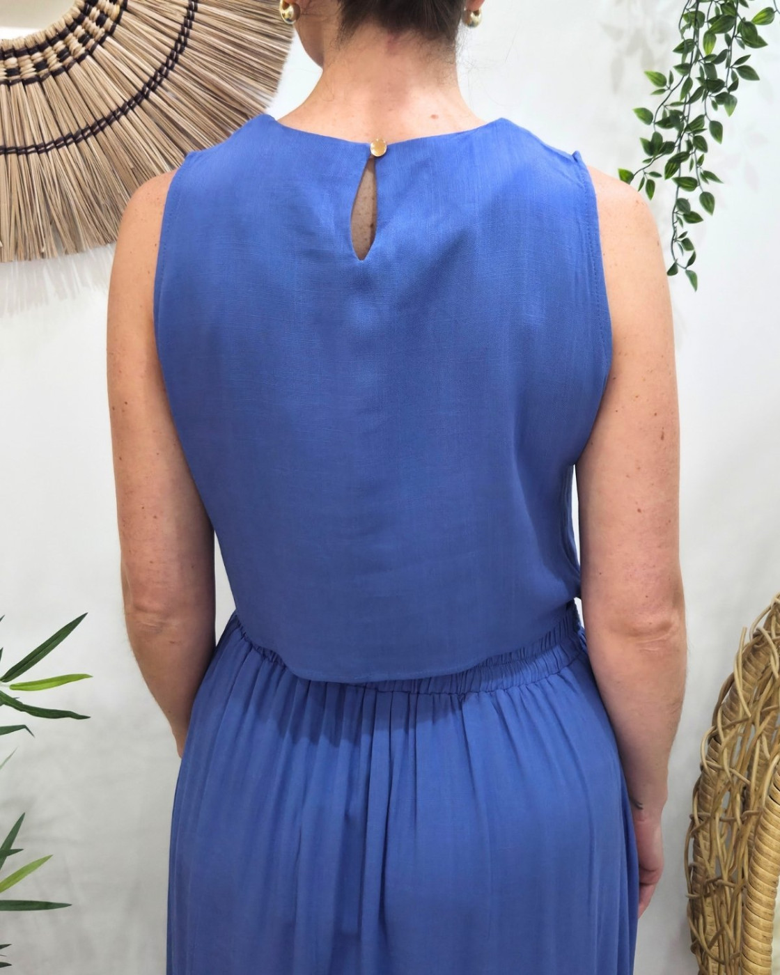 Top femme fluide torsadé uni bleu