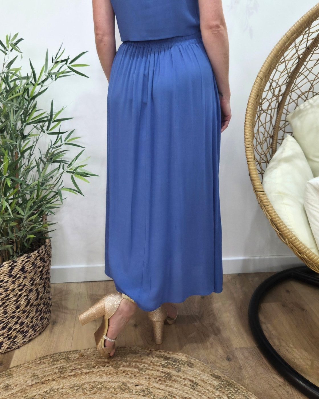 Jupe longue femme fluide unie bleu