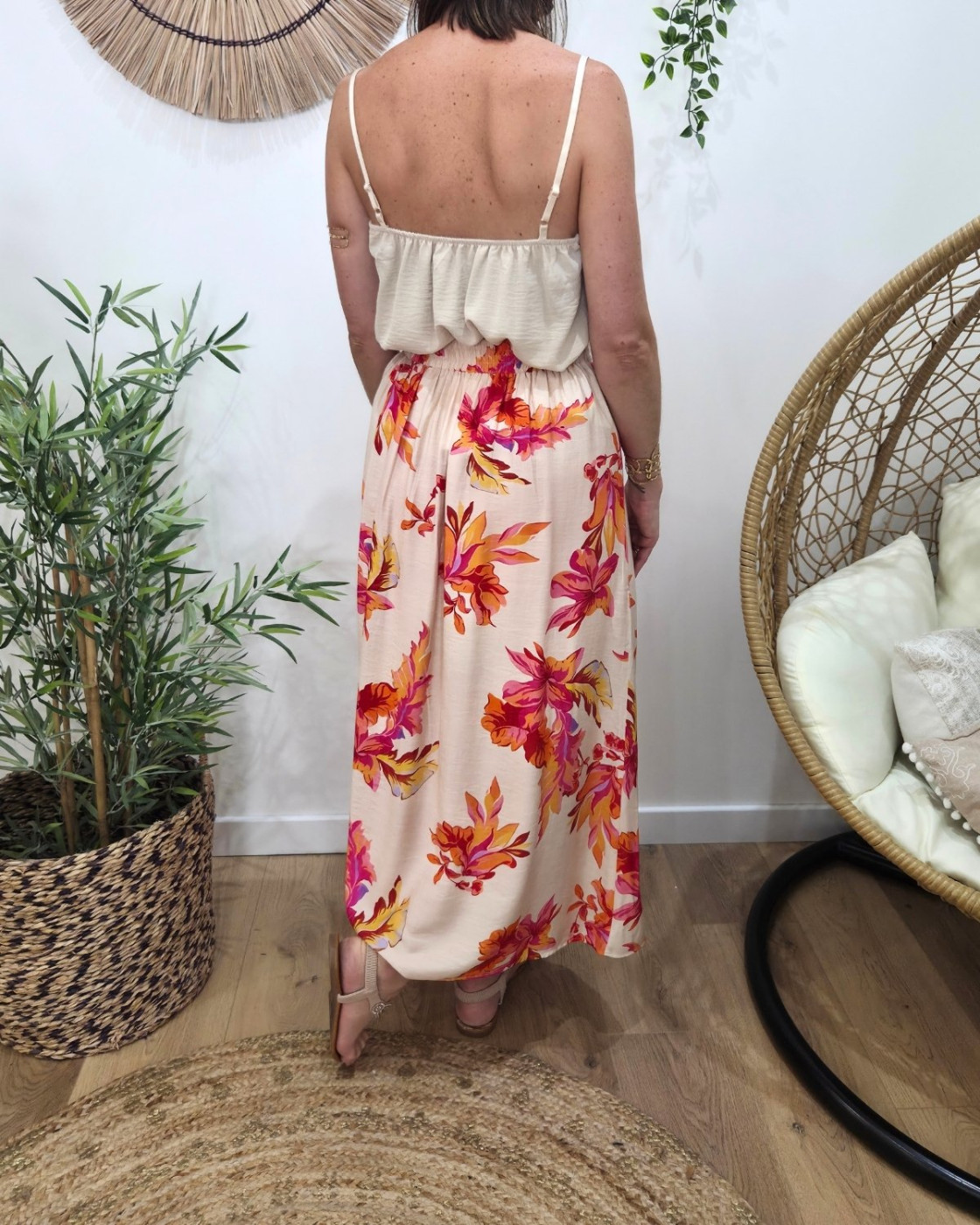 Jupe longue femme beige grosses fleurs roses oranges jaunes Aurora