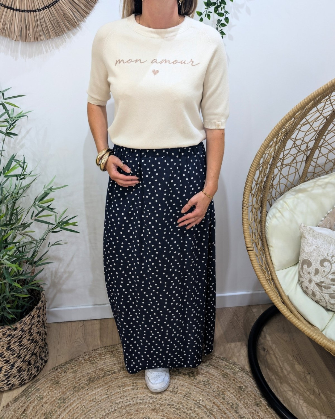 Jupe longue femme fluide marine à pois blancs