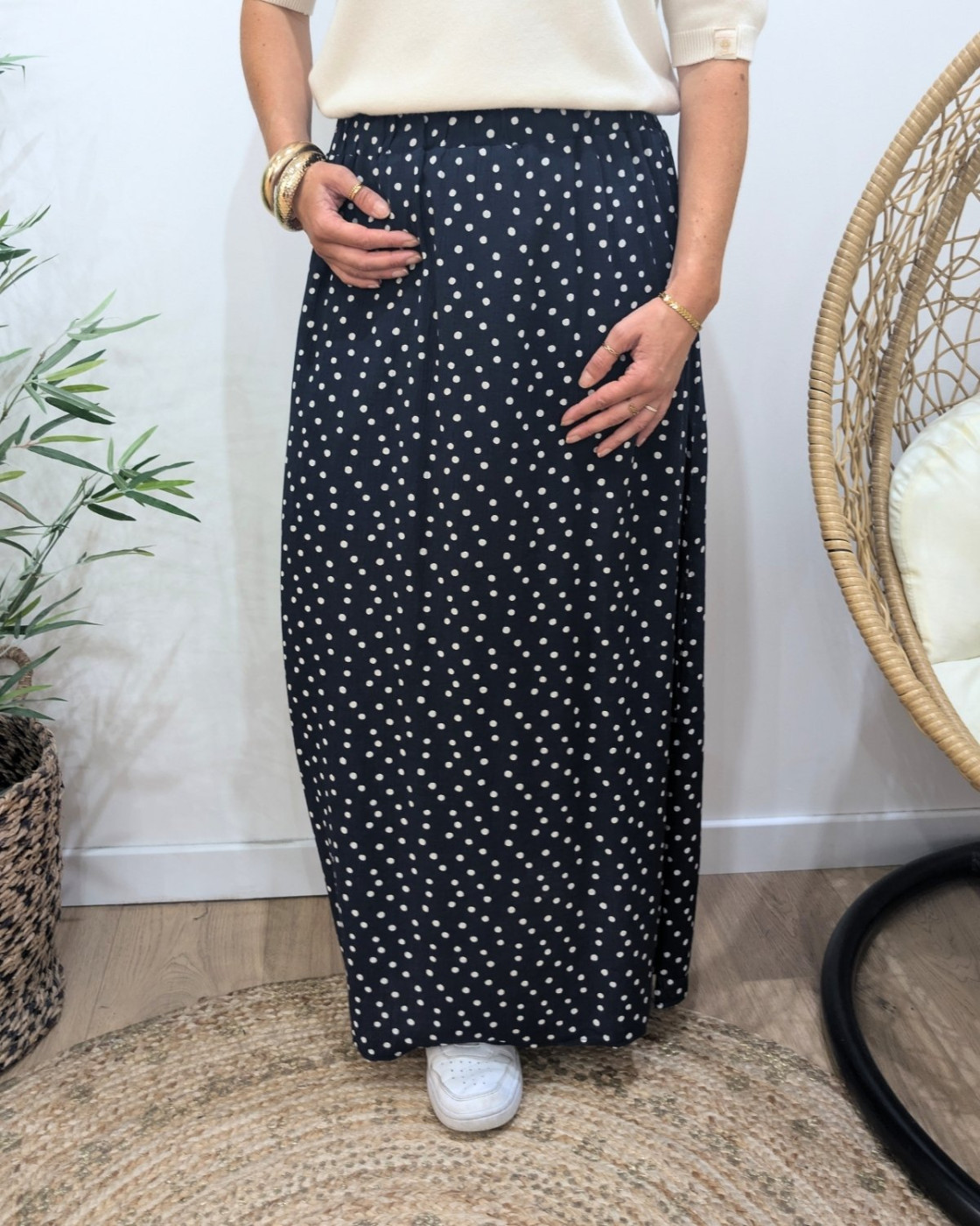 Jupe longue femme fluide marine à pois blancs