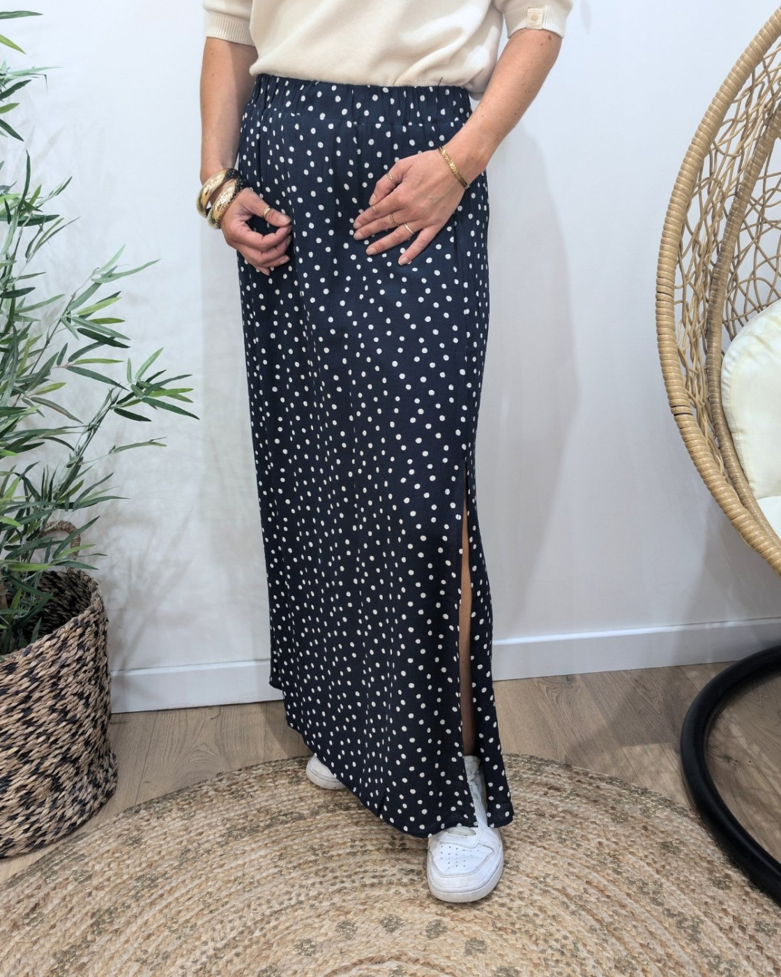 Jupe longue femme fluide marine à pois blancs