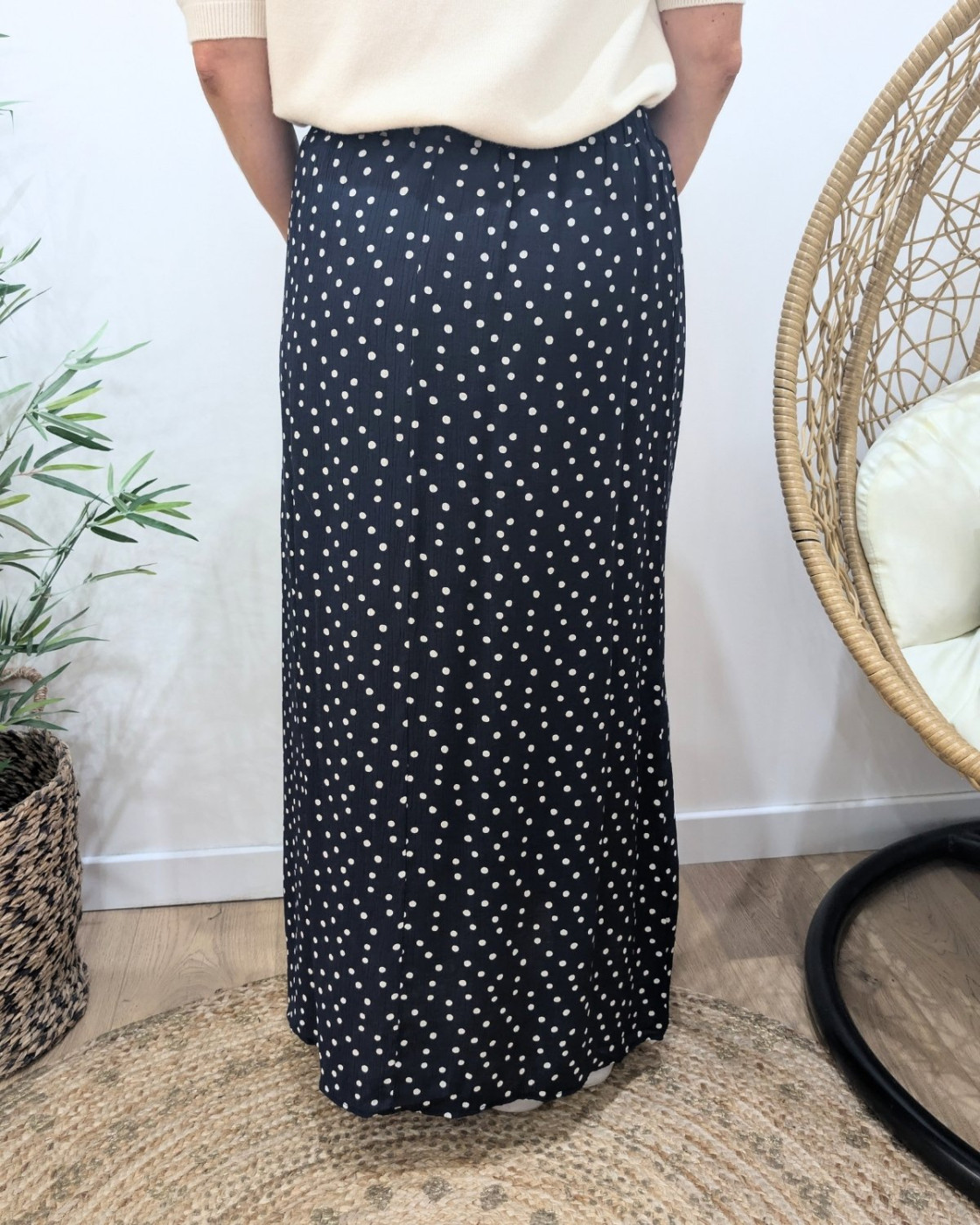 Jupe longue femme fluide marine à pois blancs