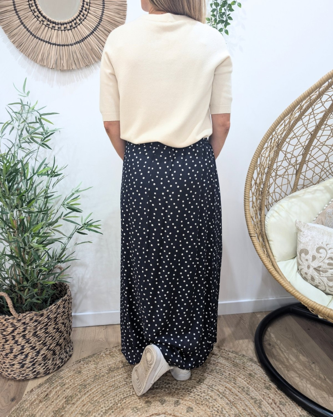 Jupe longue femme fluide marine à pois blancs