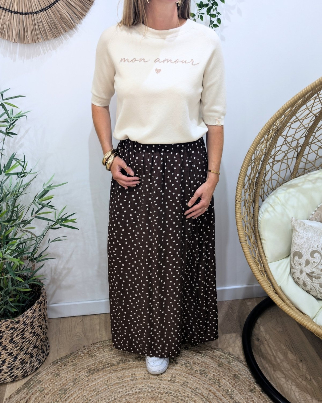Jupe longue femme fluide marron choco à pois blancs