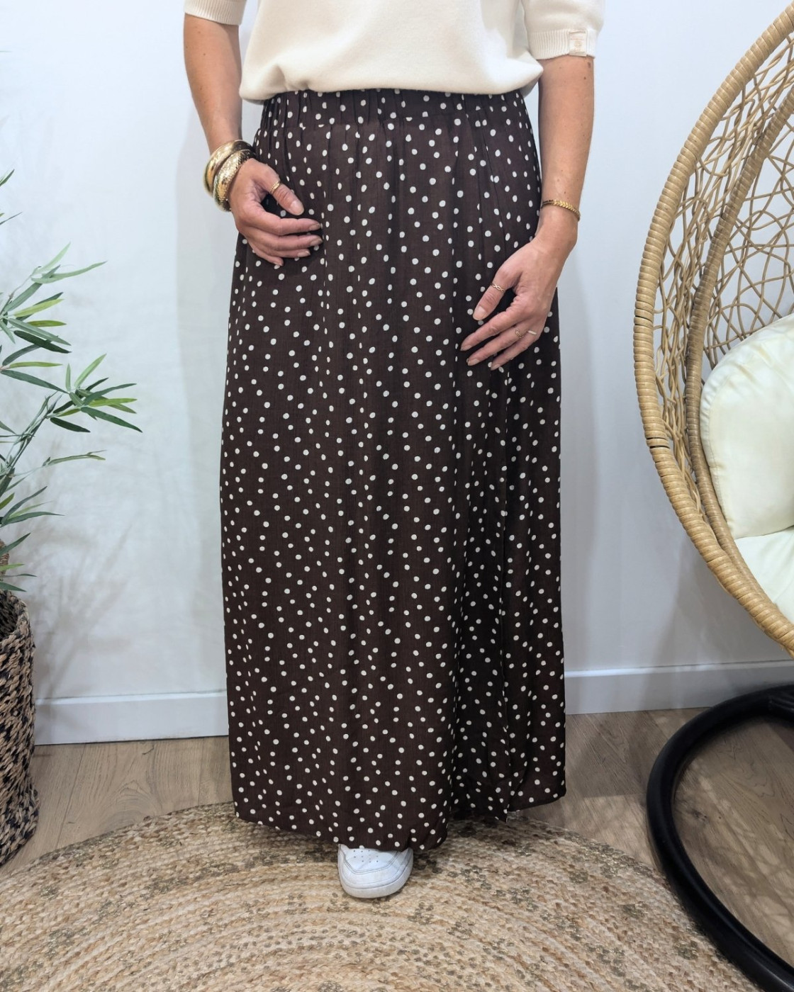 Jupe longue femme fluide marron choco à pois blancs