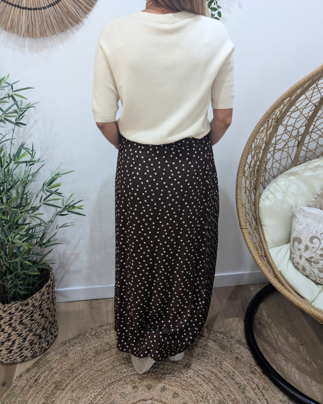 Jupe longue femme fluide marron choco à pois blancs