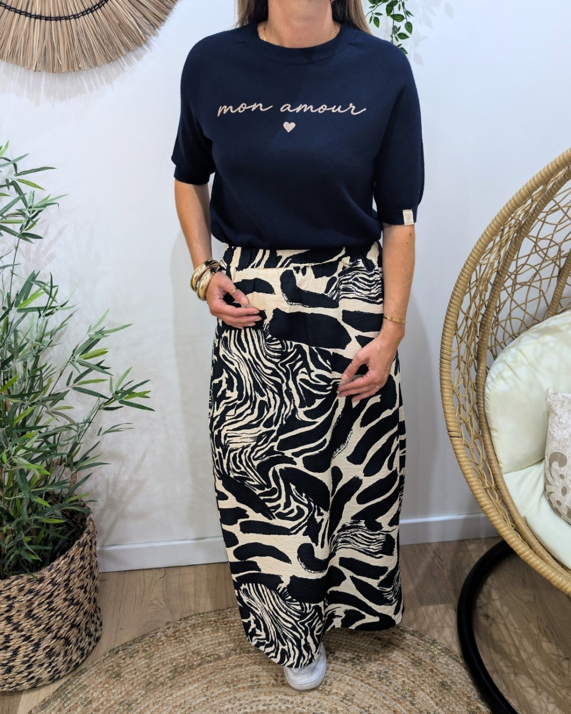 Jupe longue femme fluide beige et marine à motifs Clarissa