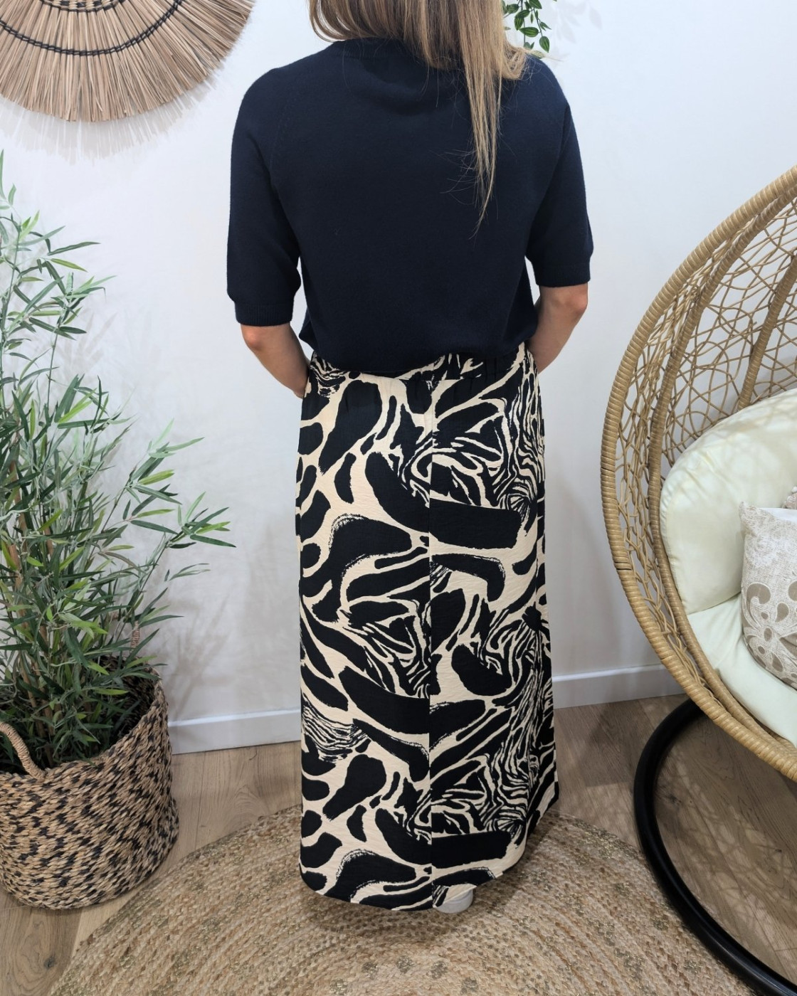 Jupe longue femme fluide beige et marine à motifs Clarissa