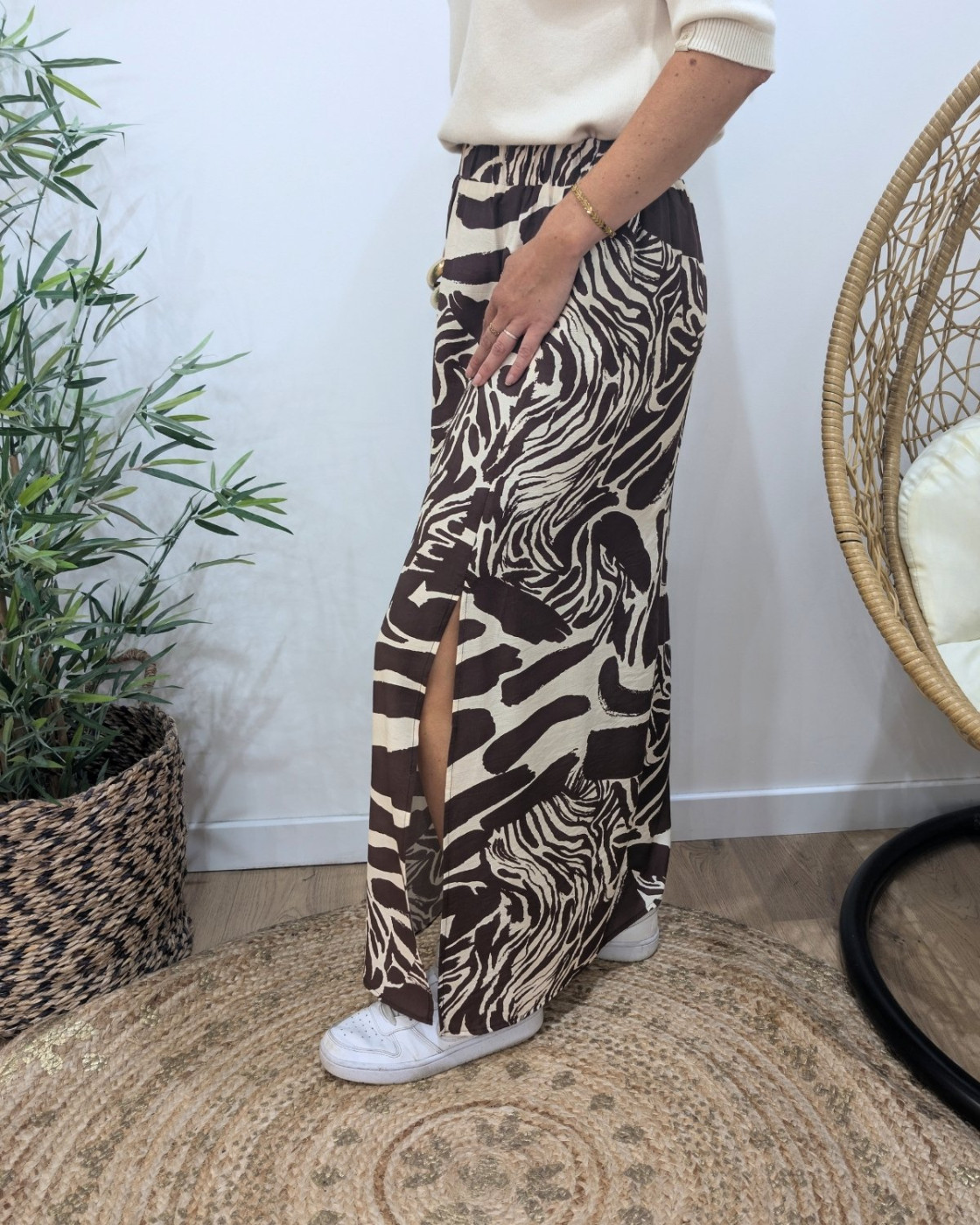 Jupe longue femme fluide beige et marron à motifs Clarissa
