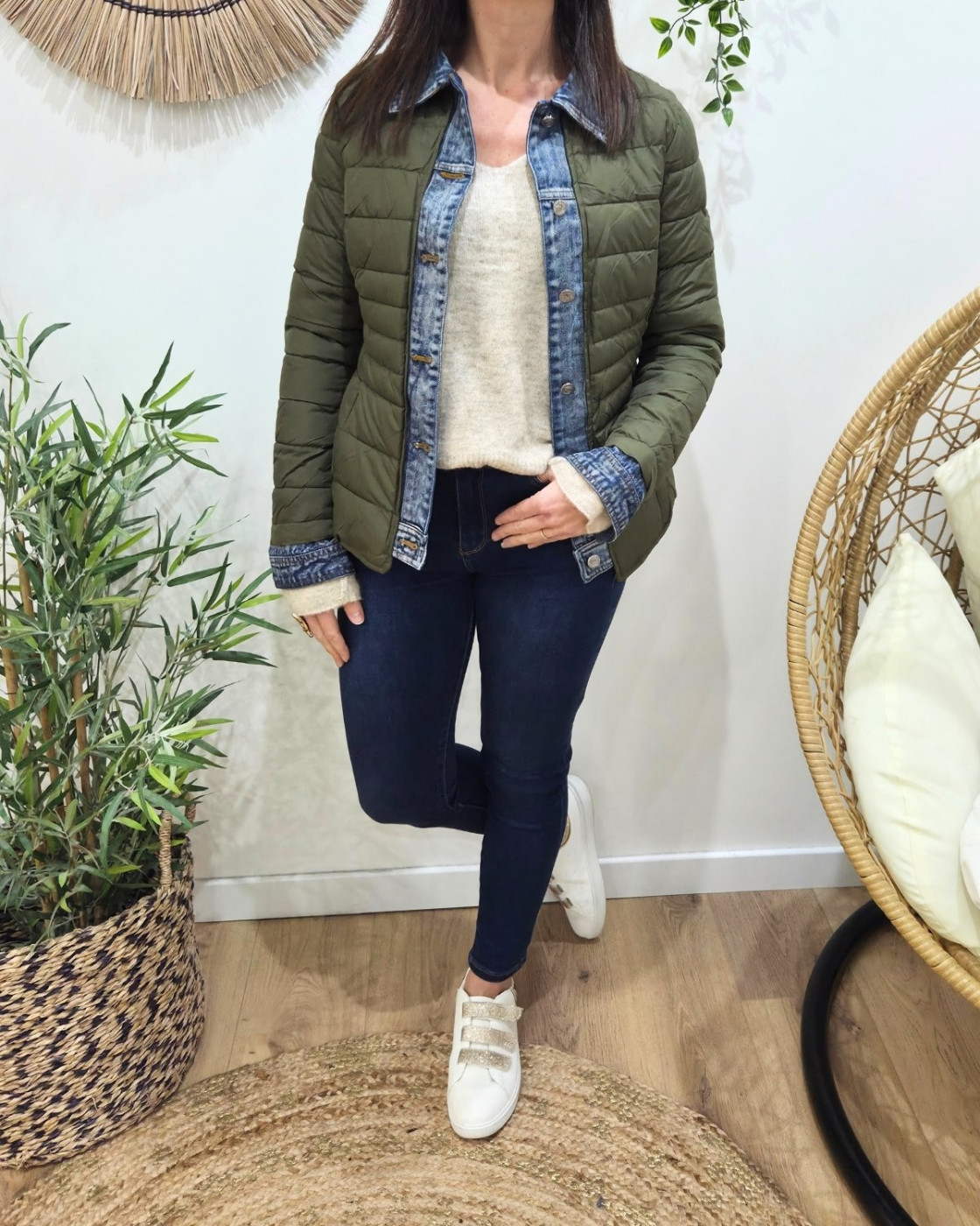 Doudoune femme kaki rebords jeans
