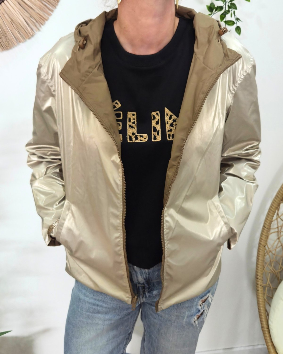 Parka fine femme courte réversible camel et dorée Tina