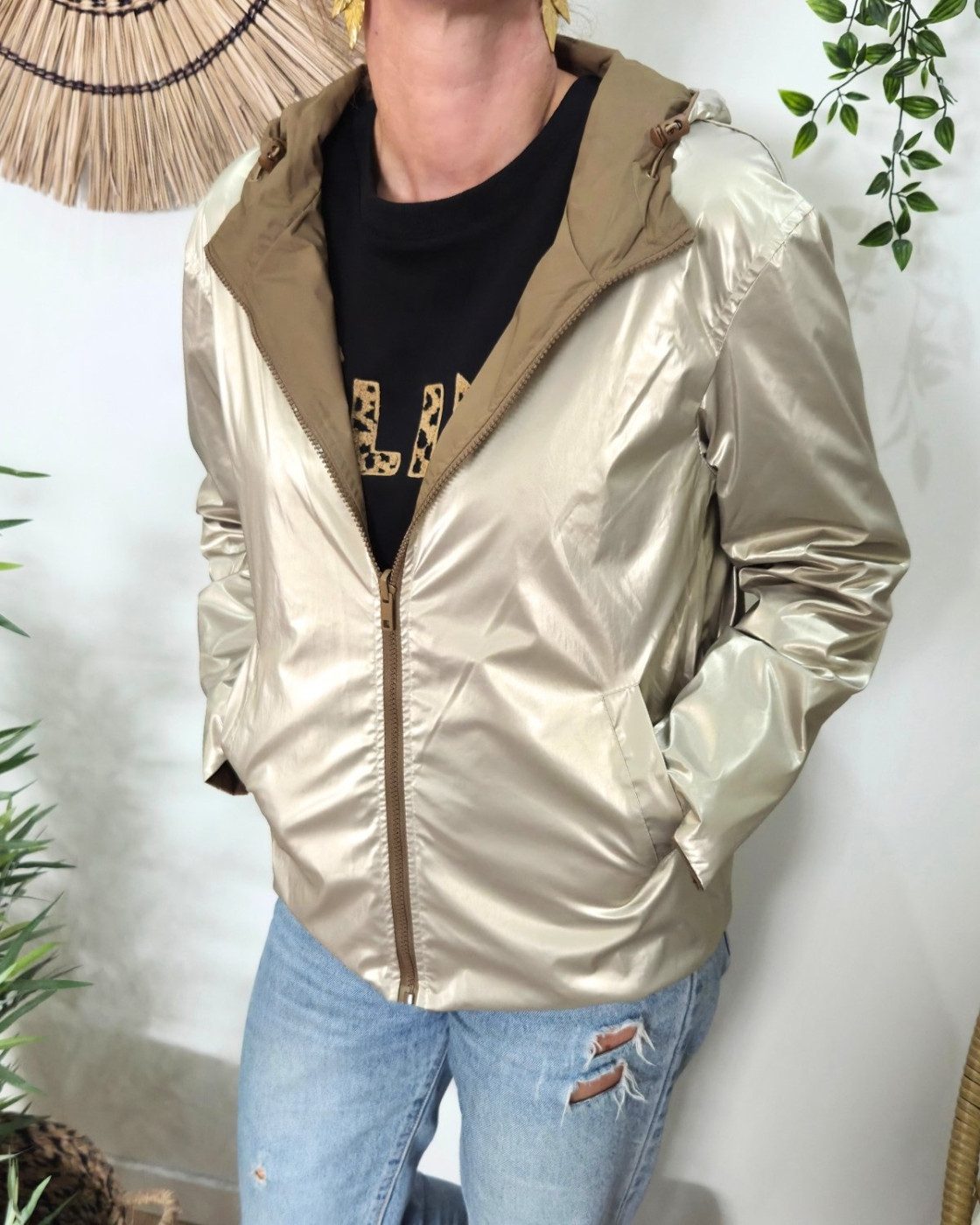 Parka fine femme courte réversible camel et dorée Tina