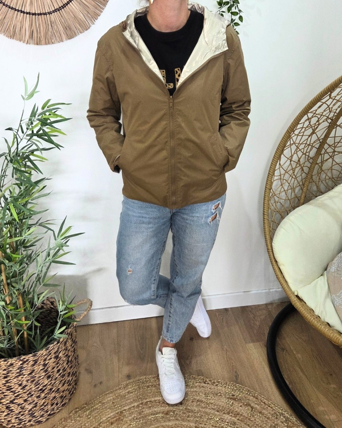 Parka fine femme courte réversible camel et dorée Tina