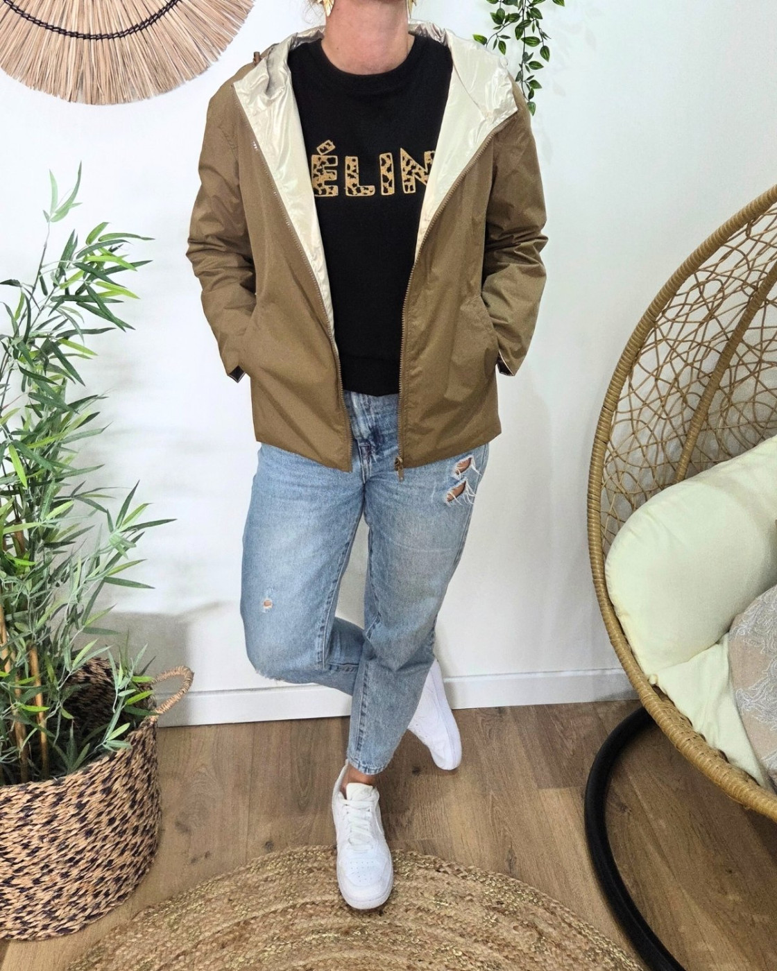 Parka fine femme courte réversible camel et dorée Tina