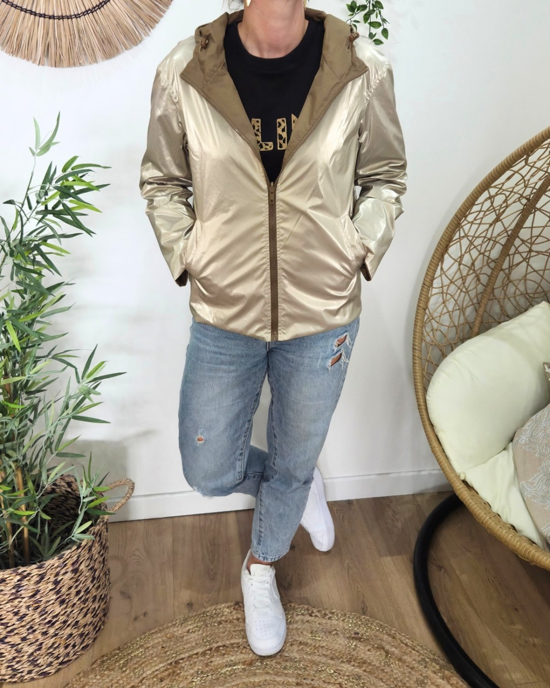 Parka fine femme courte réversible camel et dorée Tina