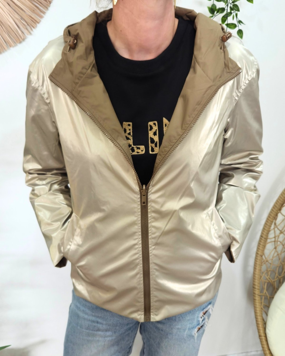 Parka fine femme courte réversible camel et dorée Tina