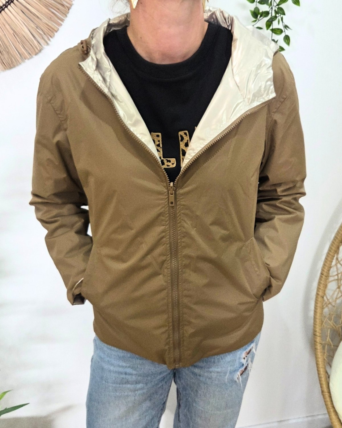 Parka fine femme courte réversible camel et dorée Tina