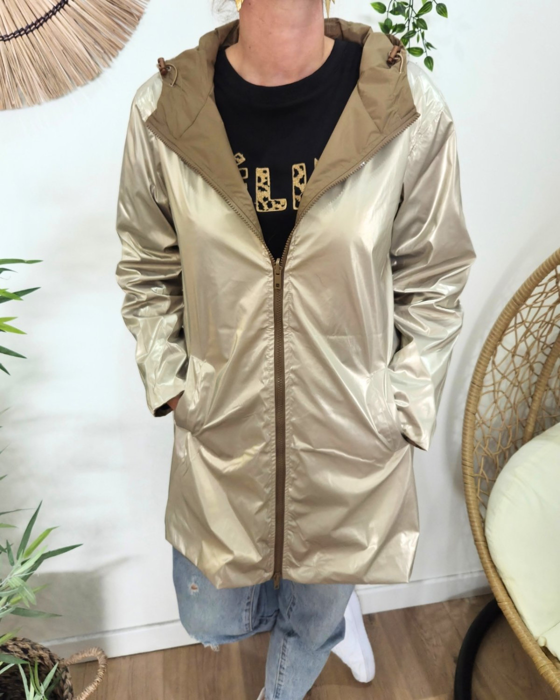 Parka fine femme longue réversible camel et dorée Lydia
