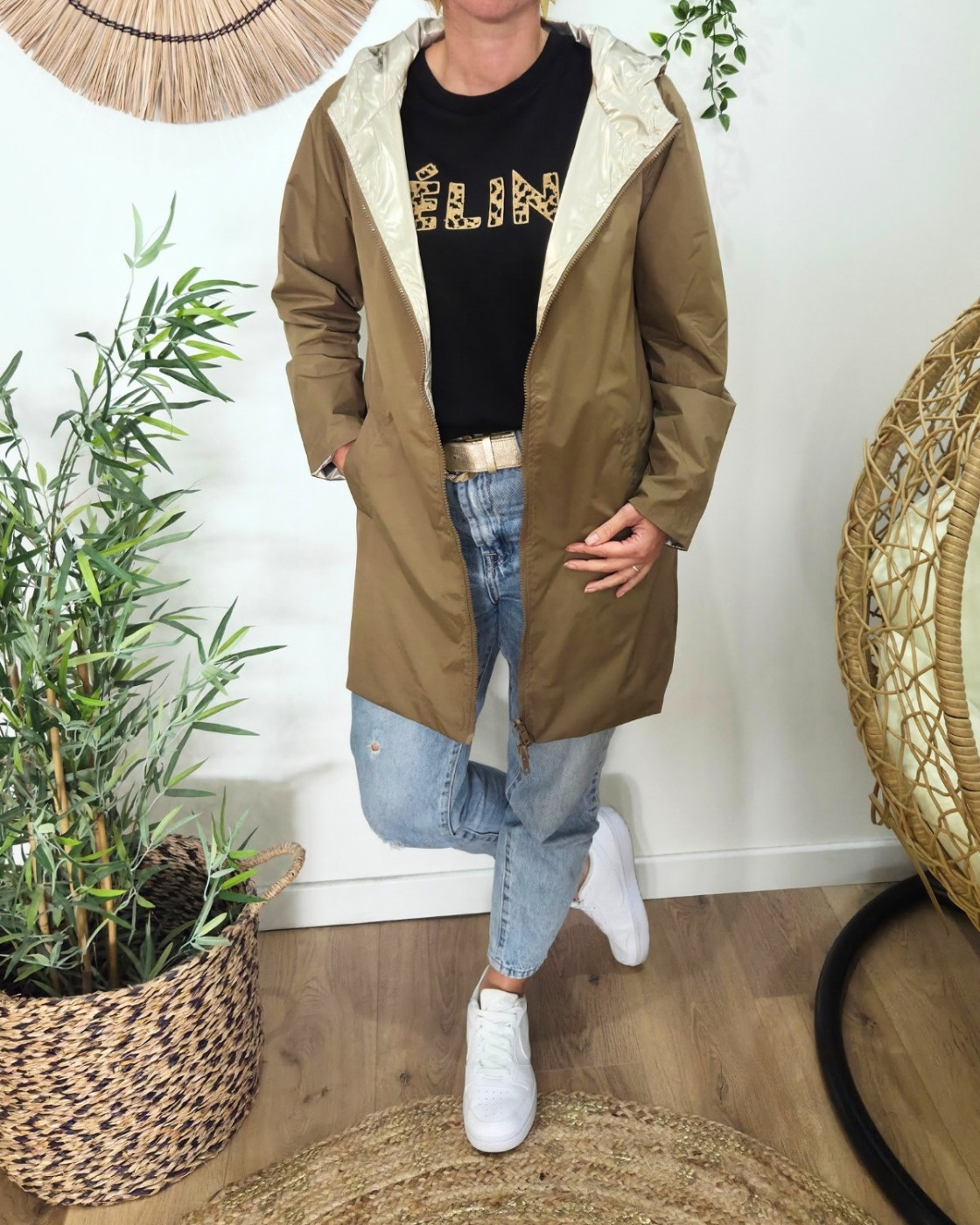 Parka fine femme longue réversible camel et dorée Lydia