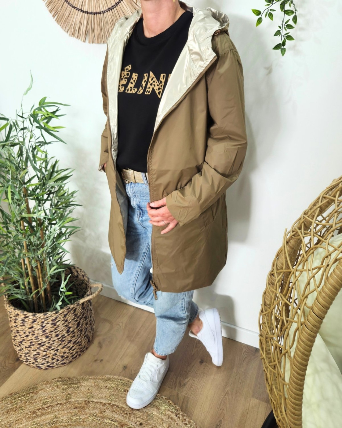 Parka fine femme longue réversible camel et dorée Lydia