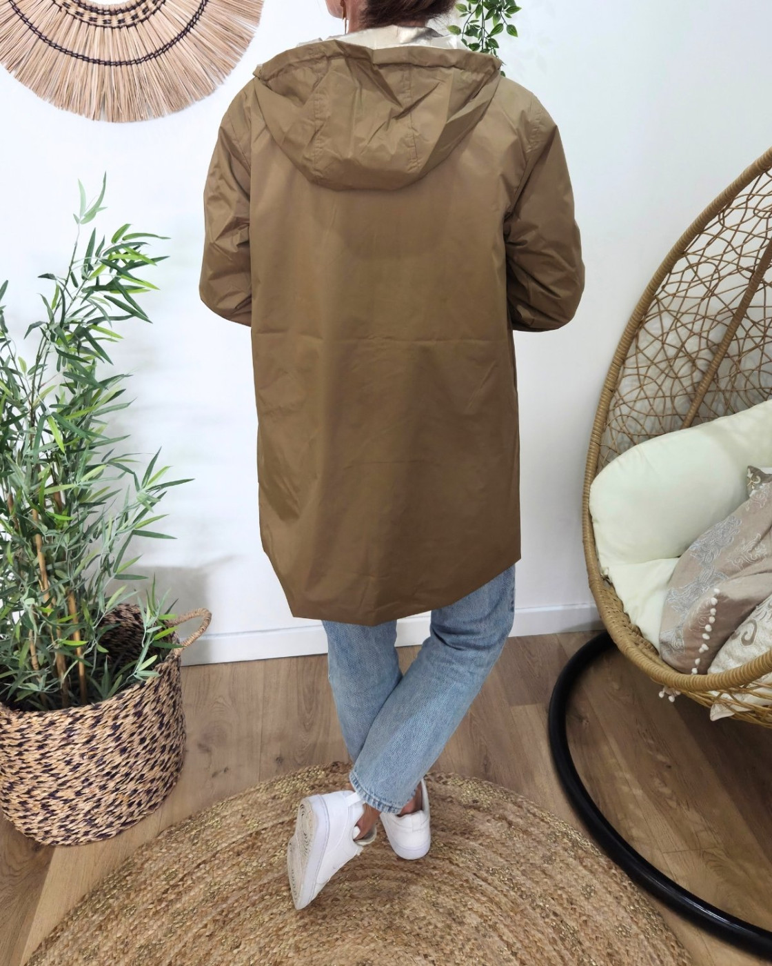 Parka fine femme longue réversible camel et dorée Lydia