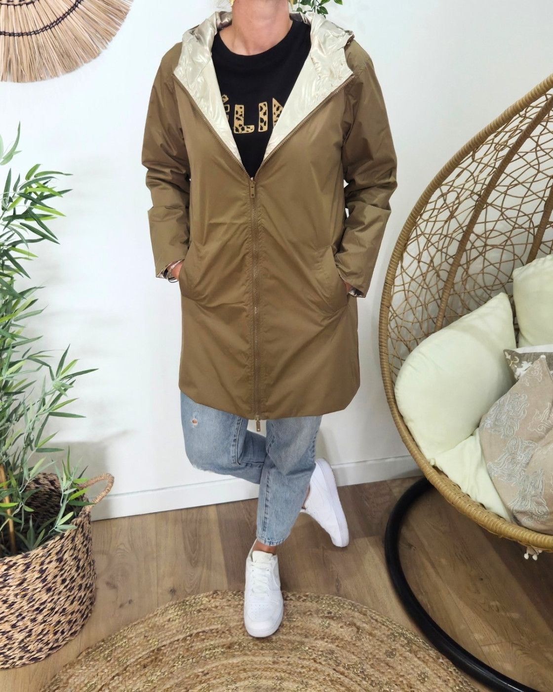 Parka fine femme longue réversible camel et dorée Lydia