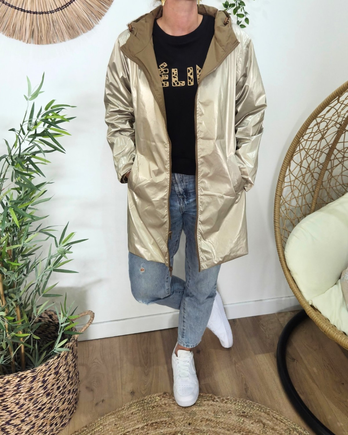 Parka fine femme longue réversible camel et dorée Lydia