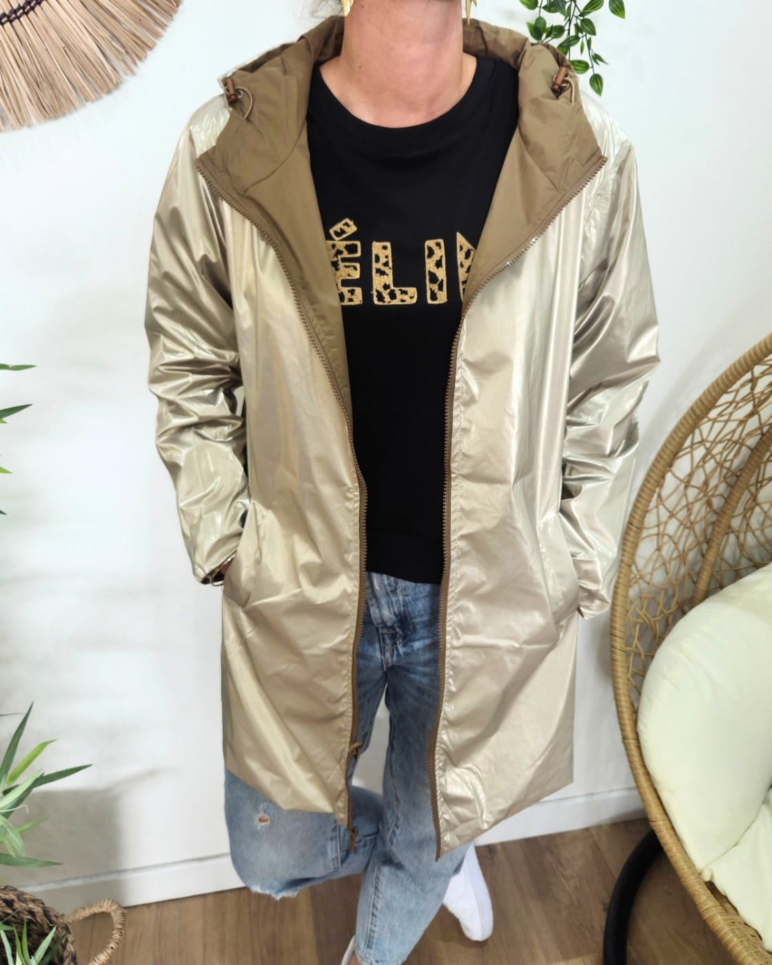 Parka fine femme longue réversible camel et dorée Lydia