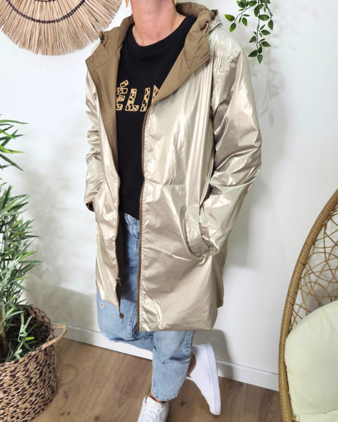 Parka fine femme longue réversible camel et dorée Lydia