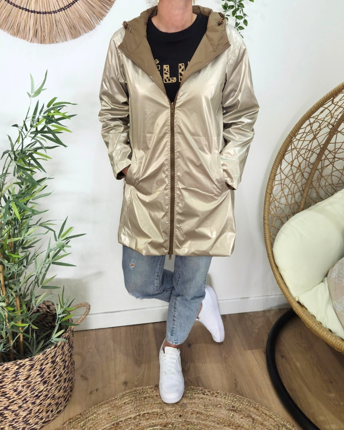 Parka fine femme longue réversible camel et dorée Lydia