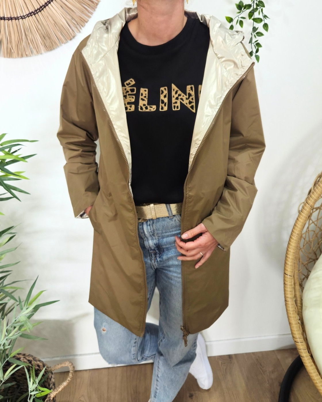 Parka fine femme longue réversible camel et dorée Lydia