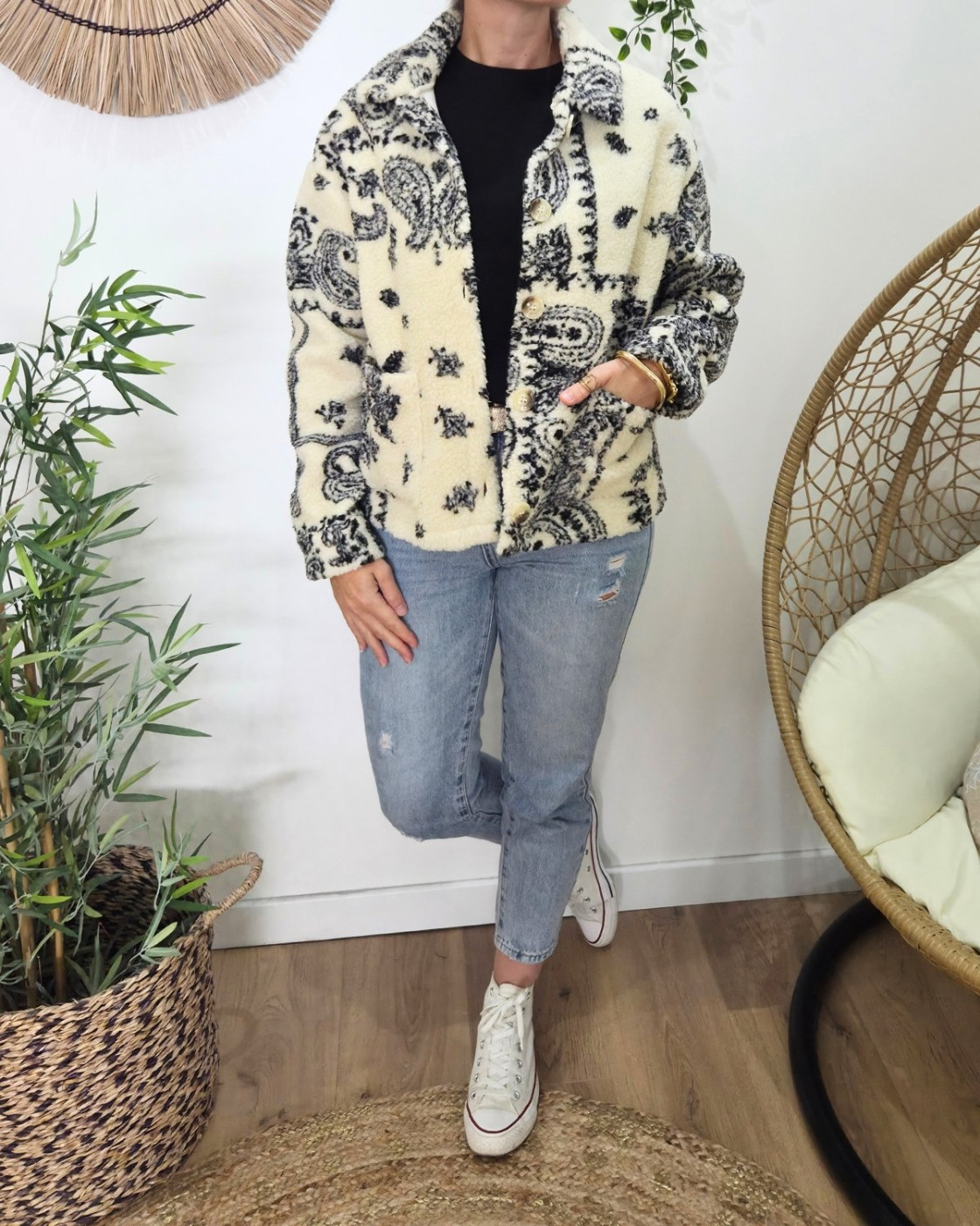 Manteau femme bouclettes écru et noir Zoraïa